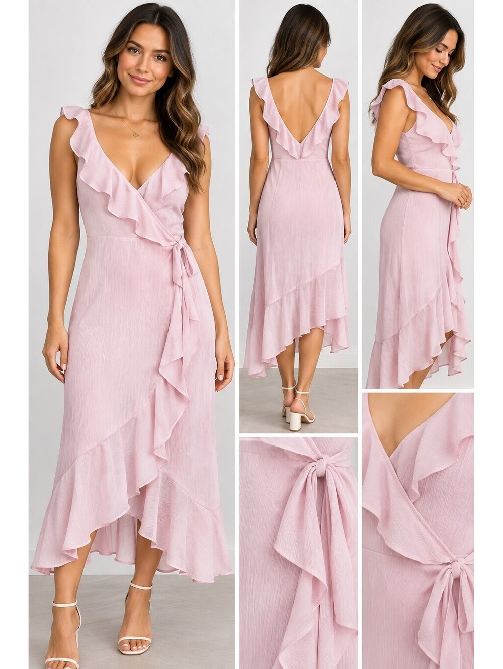 JustFab Pink Ruffle Wrap Midi Dress XL NWT Romantic Wedding Guest